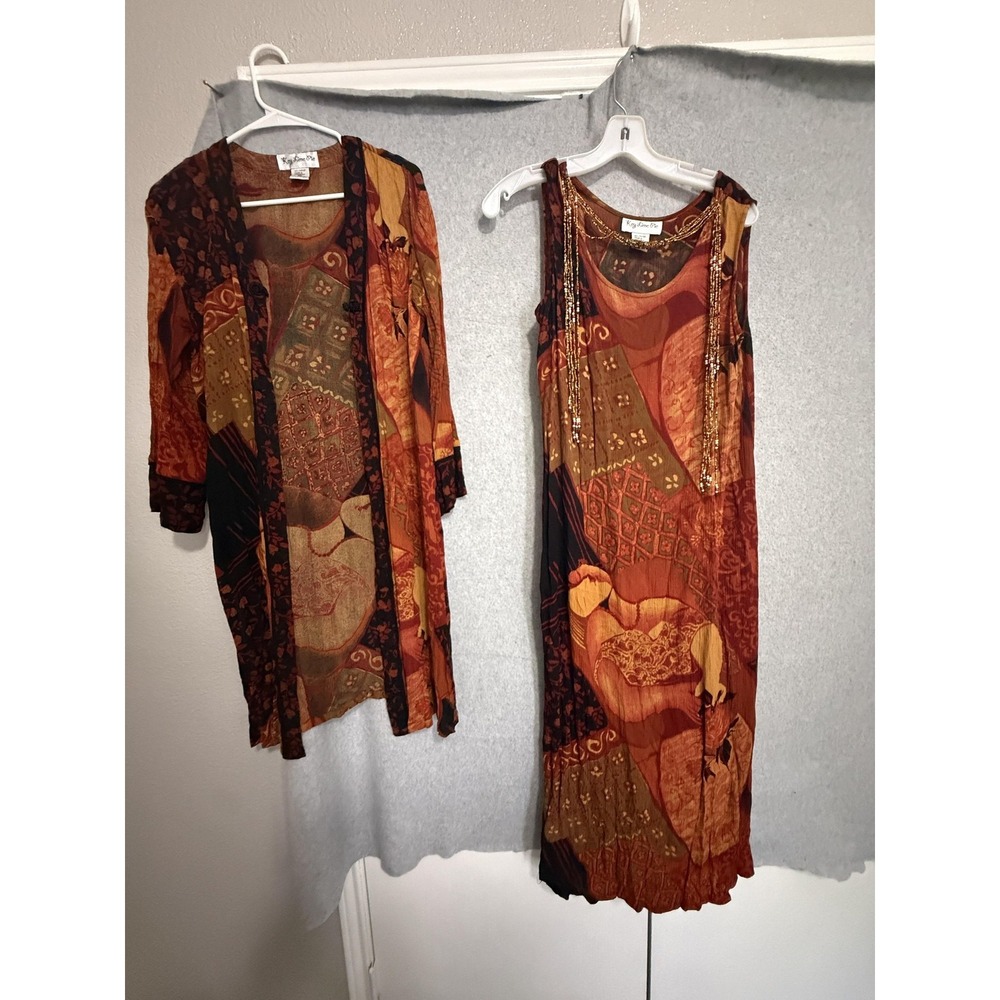 Key Lime Pie Dress Sweater Set Womens XL Orange Art Print Beaded Boho 2 Piece
